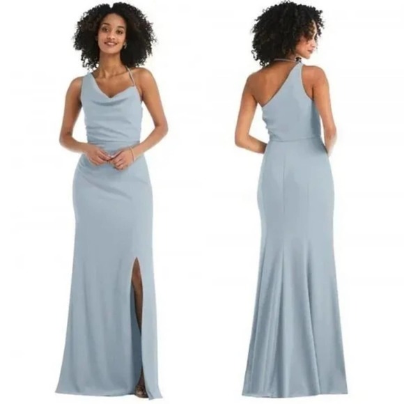 After Six One Shoulder Draped Cowl Neck Maxi Dress Blue Mist Size 12 Bridesmaid - Picture 1 of 12